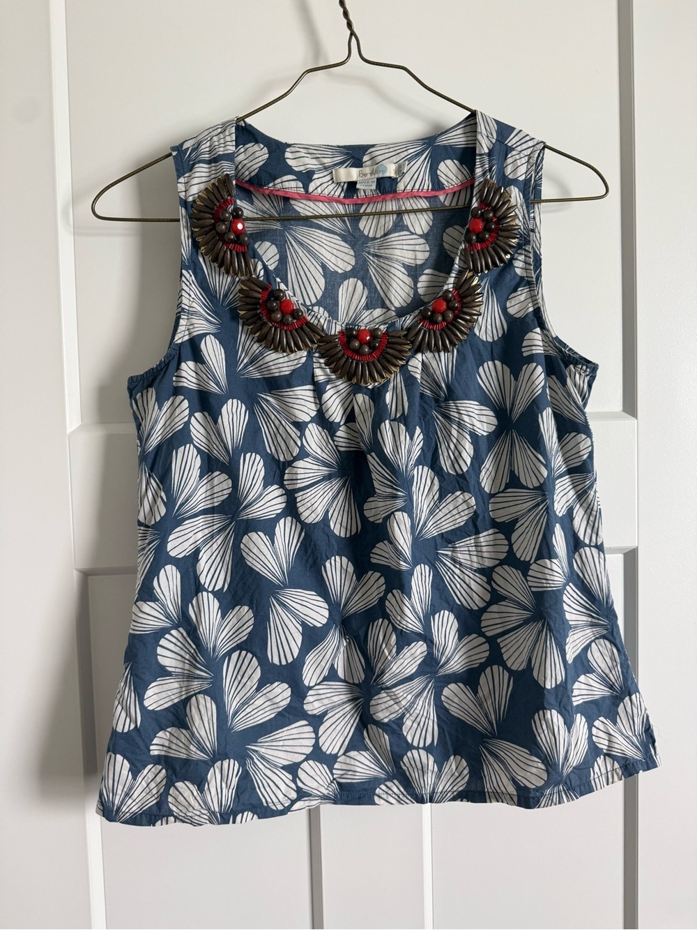 Boden Blue Print Tank Top with Embellished Neckline 100% Cotton coastal
